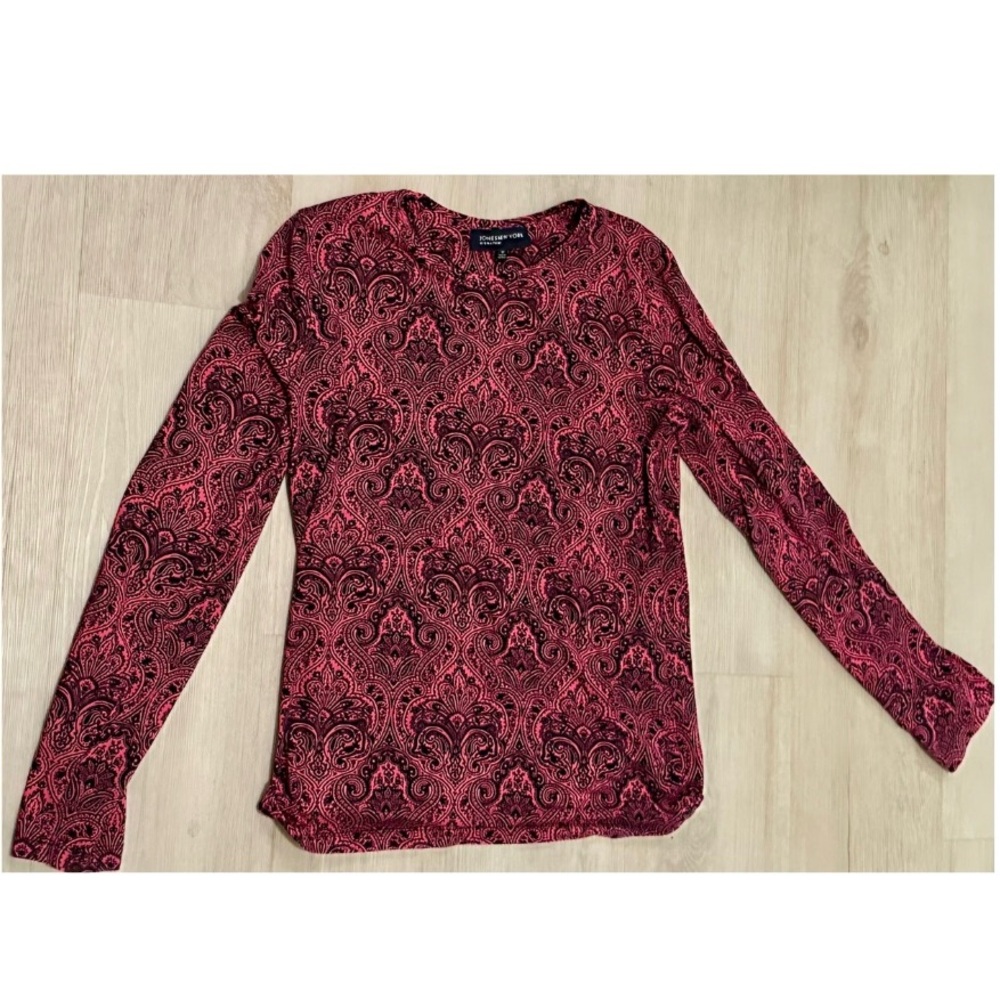 Jones New York M Pink Black Paisley Top Boho Y2K Stretch Blouse Rounded Neck